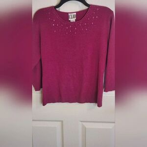 Vtg Clio L Rouge Pink 3/4 Slv SILK Blend Embellished Neckline Knit Women Sweater